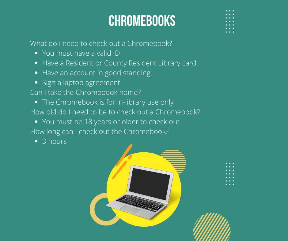 Picture with a Chromebook with questions and answers regarding the Chromebook policy.