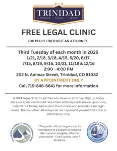 Flyer for Free Legal Clinic every 3rd Tuesday.